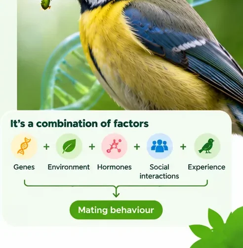 Infographic detail: a blue tit holding a caterpillar, with a panel showing that bird mating behaviour comes from a combination of genes, environment, hormones, social interactions and experience
