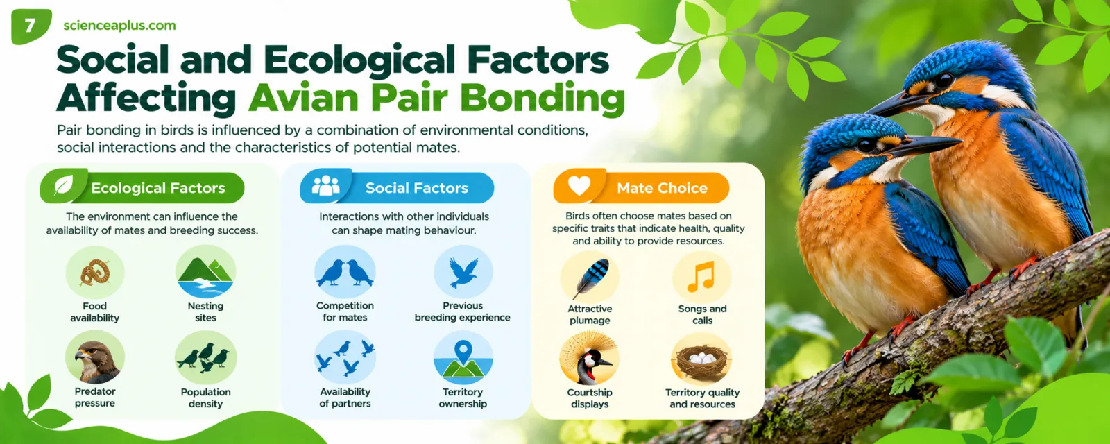 Infographic: pair bonding in birds is influenced by ecological factors (food availability, nesting sites, predator pressure, population density), social factors (competition for mates, previous breeding experience, availability of partners, territory ownership) and mate choice (plumage, songs and calls, courtship displays, territory quality and resources)