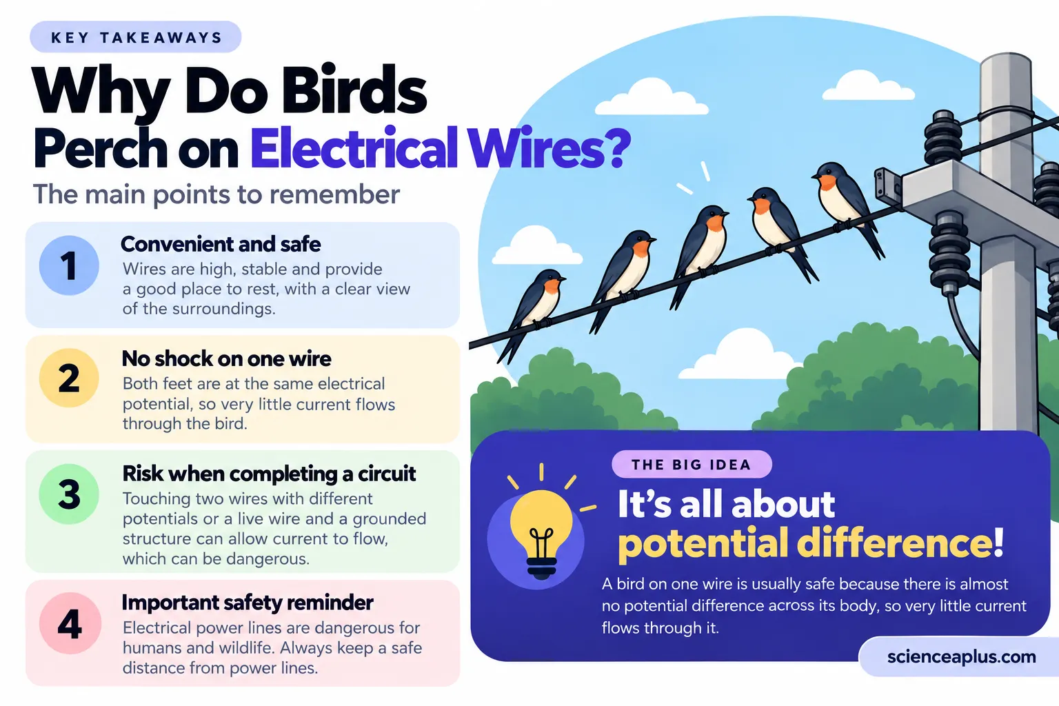 Key takeaways infographic: wires are convenient and safe perches, no shock on one wire, risk when completing a circuit, a safety reminder to keep away from power lines, and “It’s all about potential difference”