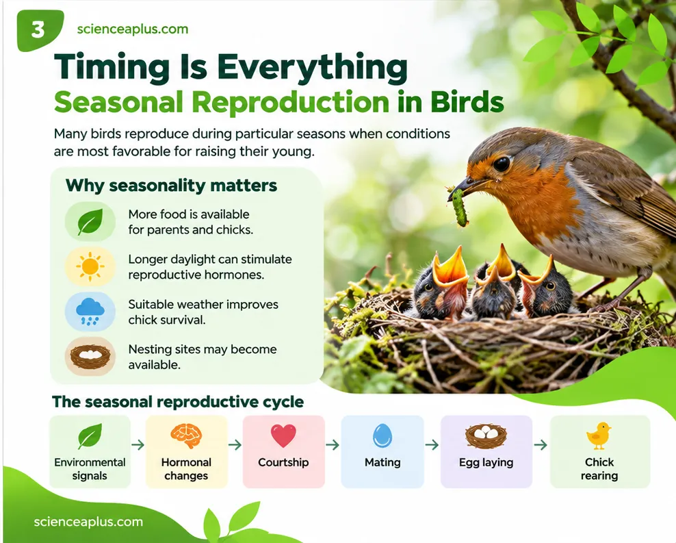 Infographic: seasonal reproduction in birds, showing why seasonality matters (food, daylight, weather, nesting sites) and the cycle from environmental signals to hormone changes, courtship, mating, egg laying and chick rearing, with a robin feeding chicks