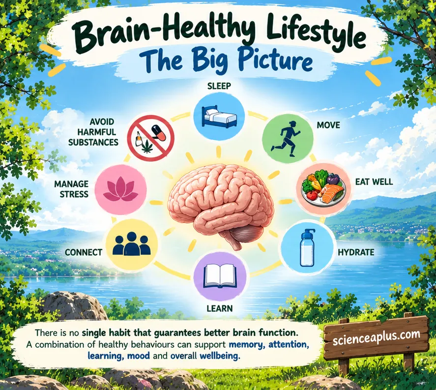 Brain-healthy lifestyle, the big picture: sleep, move, eat well, hydrate, learn, connect, manage stress and avoid harmful substances