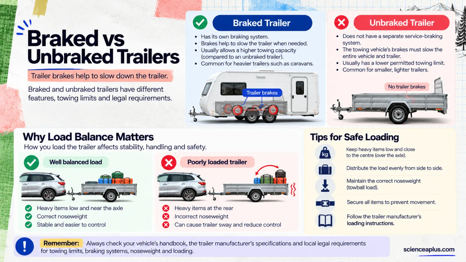 Infographic comparing a braked caravan with its own brakes and an unbraked box trailer, plus a well-balanced load with heavy items over the axle and a poorly loaded trailer with heavy items at the rear