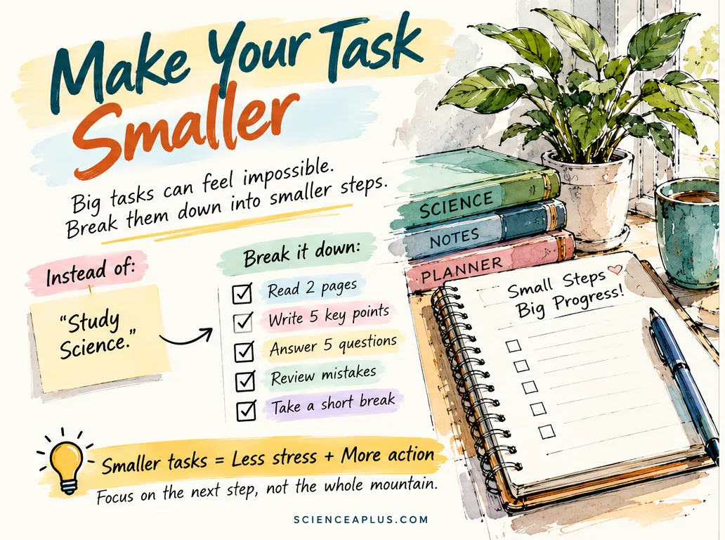 Make your task smaller: instead of “study science”, read 2 pages, write 5 key points, answer 5 questions, review mistakes and take a short break