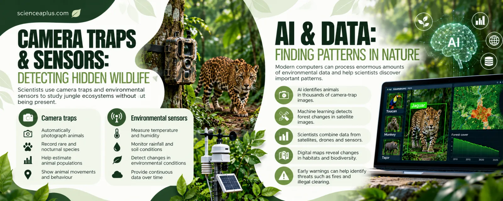 Infographic: camera traps photograph rare and nocturnal animals; environmental sensors measure temperature, humidity and rainfall; AI identifies animals in thousands of camera-trap images and detects forest change in satellite images