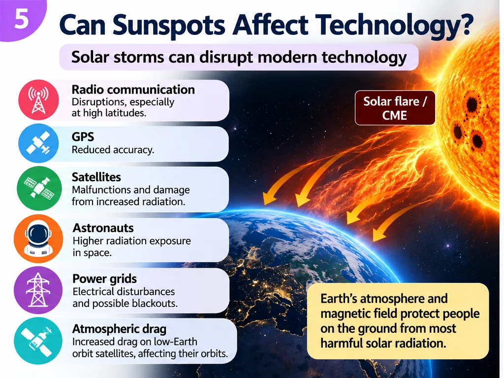 Can sunspots affect technology: solar storms can disrupt radio, GPS and satellites, raise radiation for astronauts, disturb power grids and increase drag on low-orbit satellites