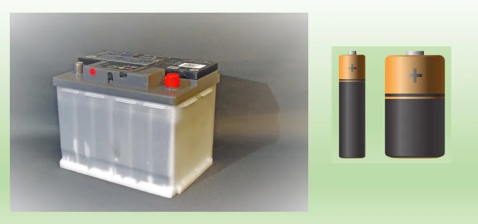 A lead–acid car battery beside an AA cell and a D cell