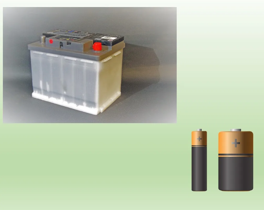 A 12 volt lead-acid car battery with red terminal cap, and drawings of an AA and a D-size dry cell