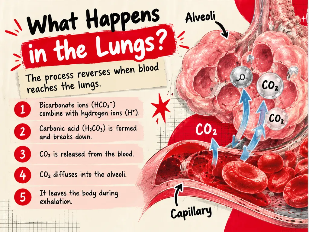 Diagram of what happens in the lungs: bicarbonate combines with hydrogen ions, carbonic acid breaks down, CO2 is released and diffuses into the alveoli to be exhaled