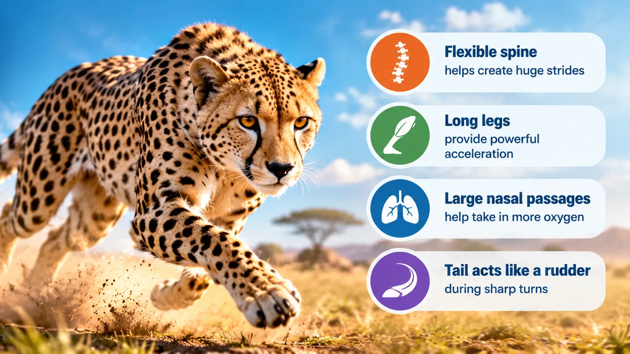 Cheetah sprinting across the savanna with labels for its speed adaptations: flexible spine for huge strides, long legs for powerful acceleration, large nasal passages to take in more oxygen, and a tail that acts like a rudder in sharp turns