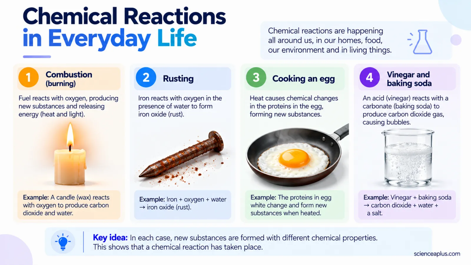 Everyday chemical reactions: burning candle, rusting nail, frying egg and vinegar with baking soda