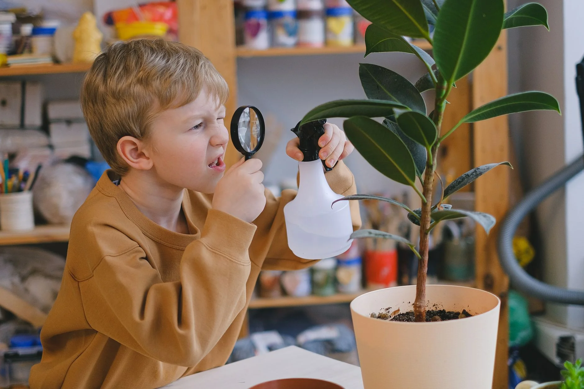 A young boy looking closely at the leaves of a potted plant through a magnifying glass