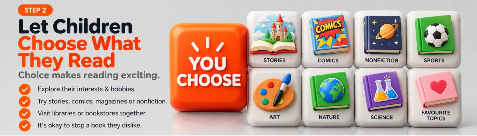 Tip 3 infographic: let children choose what they read. Stories, comics, nonfiction, sports, art, nature, science and favourite topics; explore interests, try magazines, visit libraries and stop a book they dislike