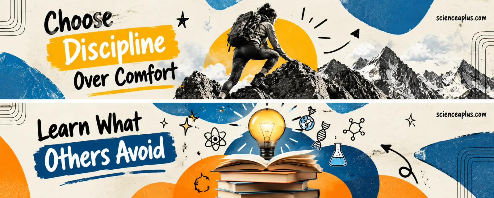 Two-panel banner: Choose discipline over comfort, with a climber on rocks, and Learn what others avoid, with a stack of books and a light bulb