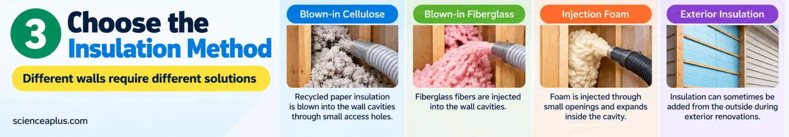 Step 3, choose the insulation method: blown cellulose, blown fibre, injection foam or exterior insulation boards