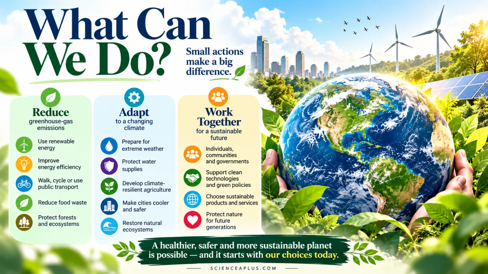 What can we do about climate change: reduce greenhouse gas emissions, adapt to a changing climate and work together for a sustainable future