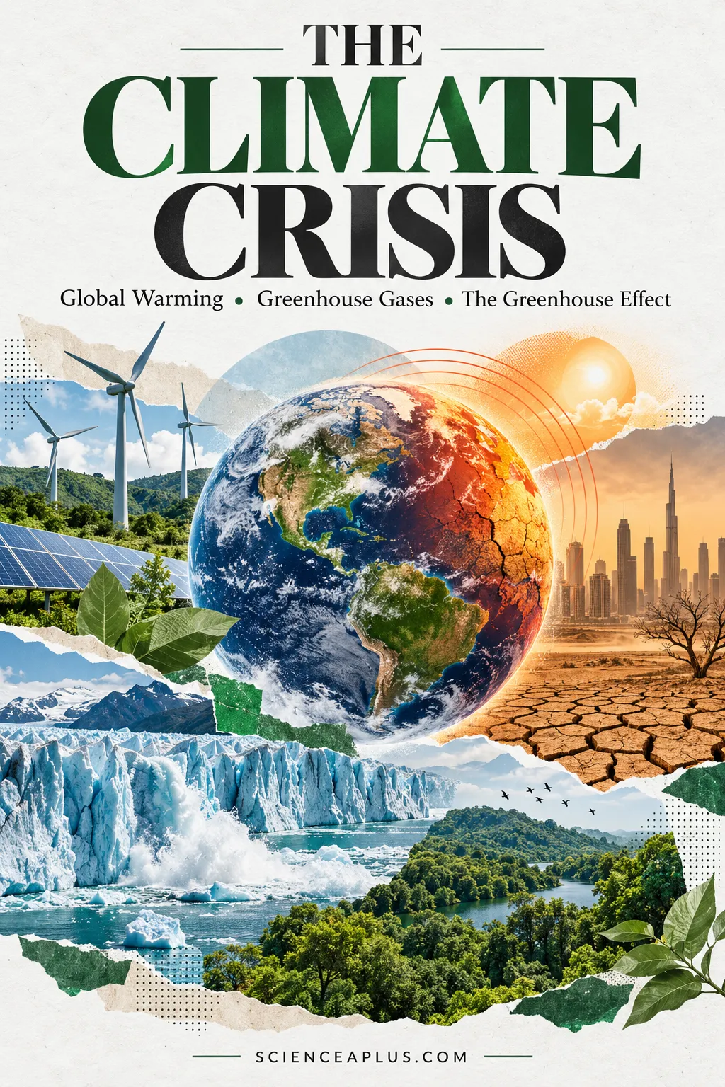 The Climate Crisis poster: a half-blue, half-scorched Earth between wind turbines, solar panels, melting glaciers, forest and cracked drought land