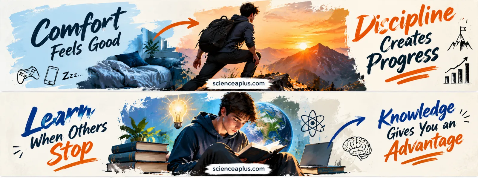 Two-panel banner: Comfort feels good, with a bed, games controller and phone, versus Discipline creates progress with a climber; and Learn when others stop: knowledge gives you an advantage, with a student reading