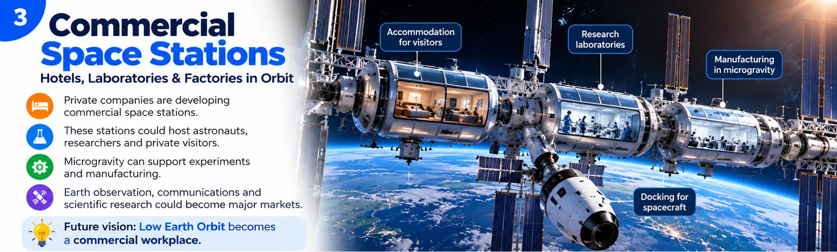 Commercial space stations: private companies developing orbital stations for astronauts, researchers, visitors and manufacturing in microgravity