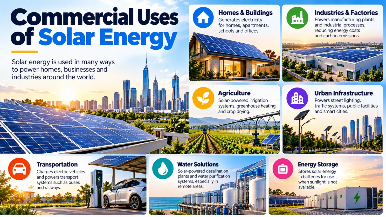 Commercial uses of solar energy: homes and buildings, industries and factories, agriculture, urban infrastructure, transportation, water solutions and energy storage