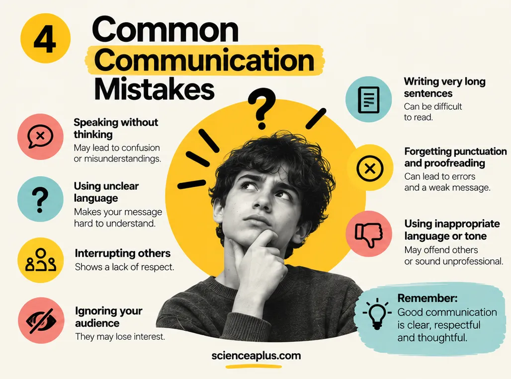 Infographic of seven common communication mistakes: speaking without thinking, unclear language, interrupting, ignoring your audience, very long sentences, forgetting proofreading and inappropriate tone