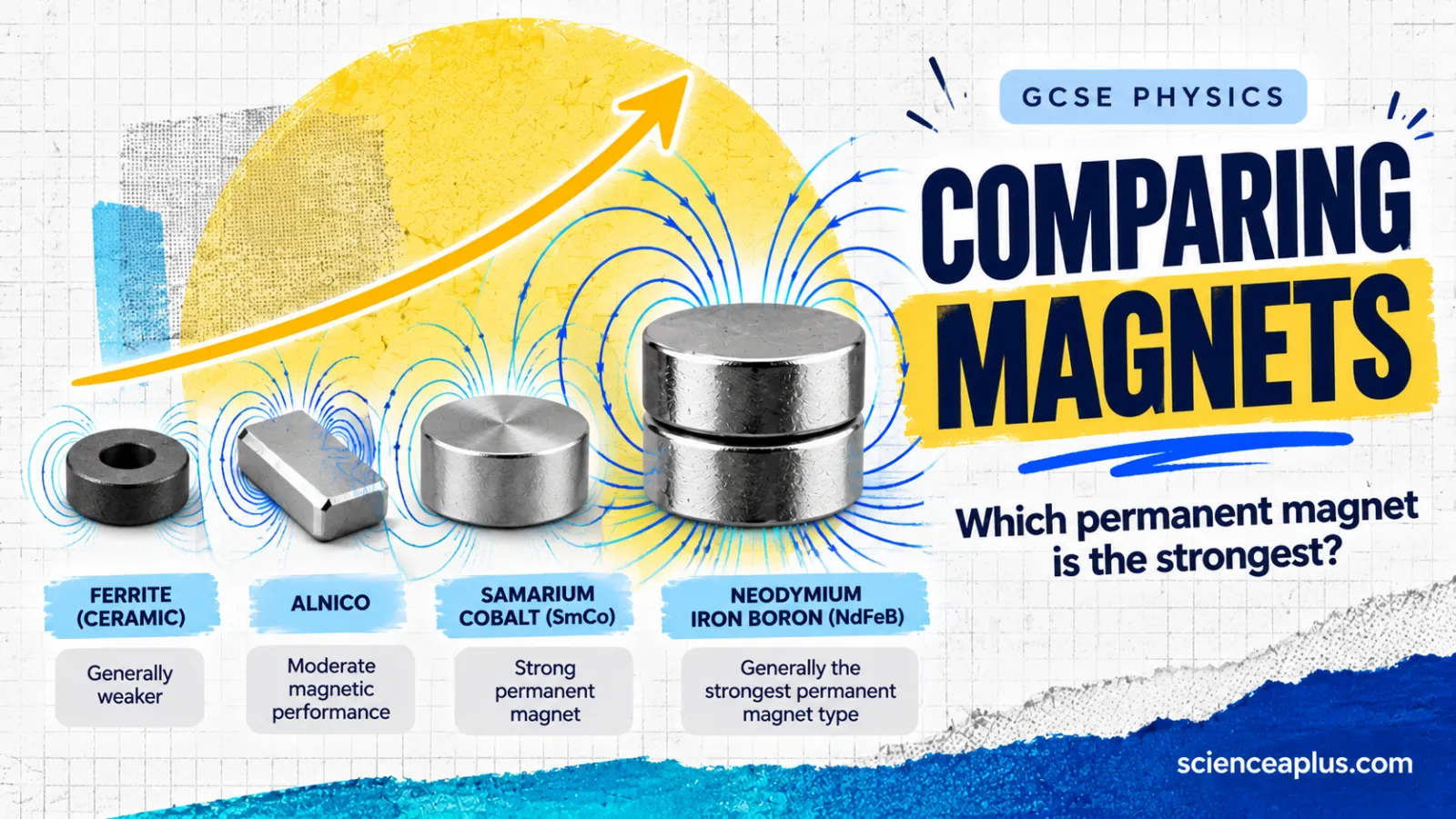 Infographic comparing four permanent magnets from weakest to strongest: ferrite, alnico, samarium cobalt and neodymium iron boron