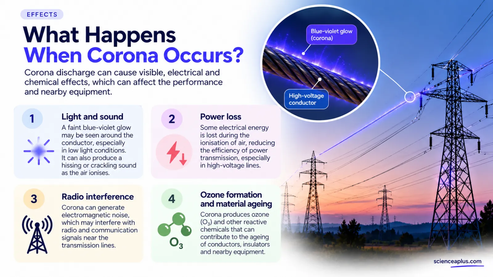 Infographic of corona discharge effects: light and sound, power loss, radio interference, ozone and material ageing