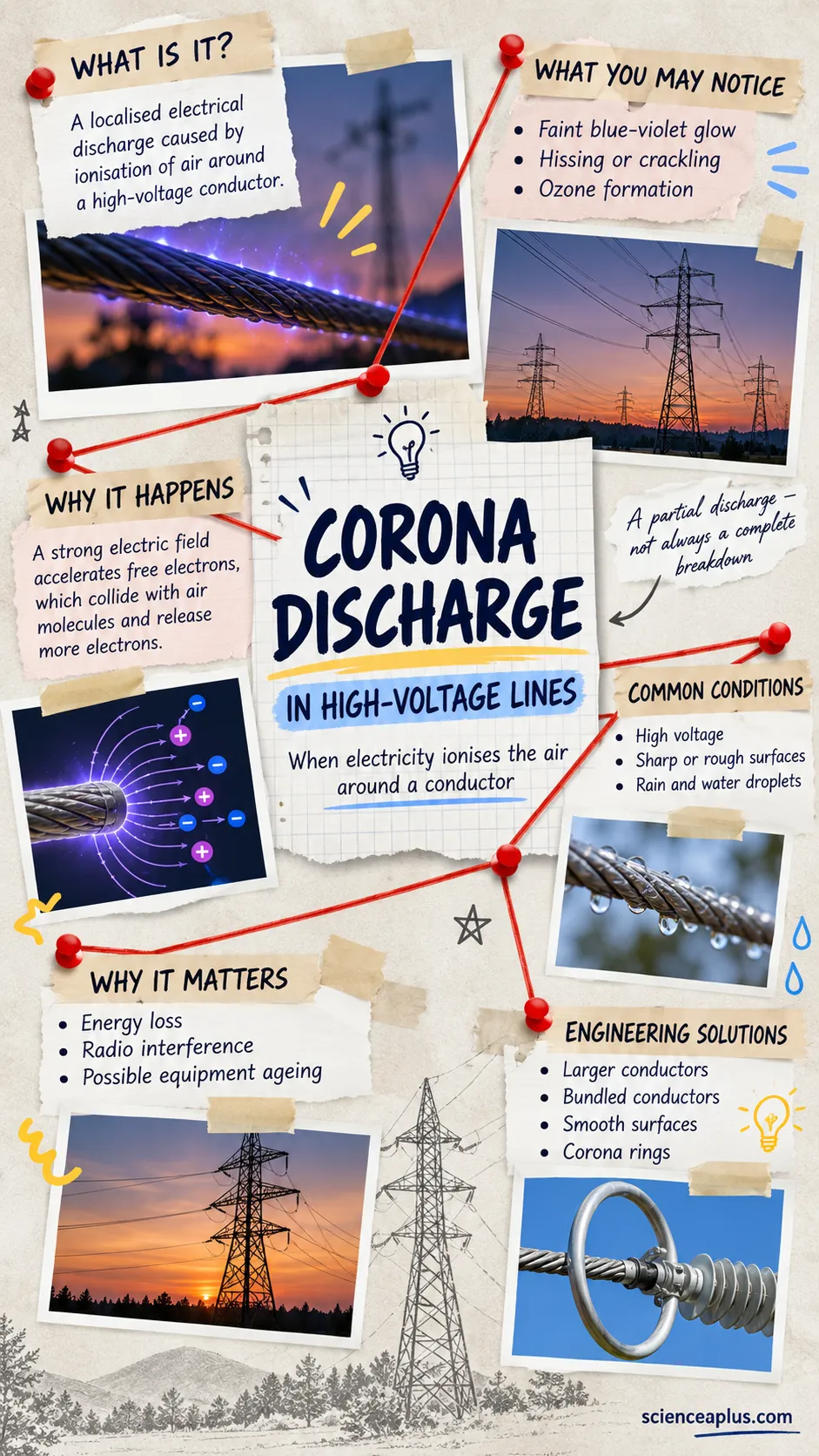 Scrapbook-style summary of corona discharge in high voltage lines: what it is, why it happens, conditions, effects and solutions