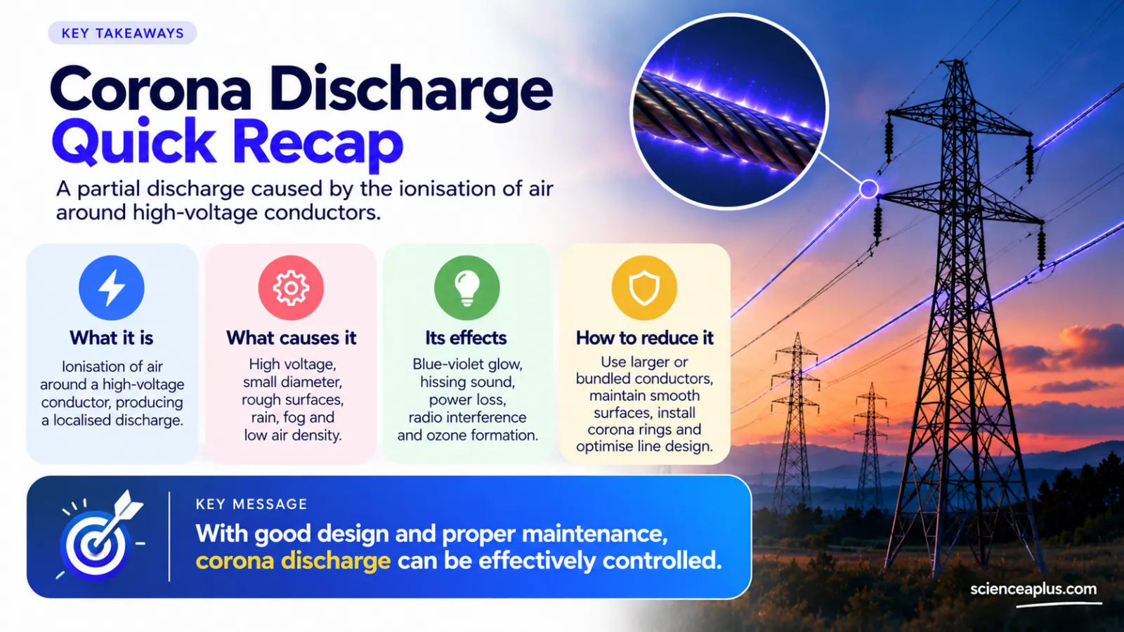 Corona discharge quick recap infographic: what it is, causes, effects and how to reduce it