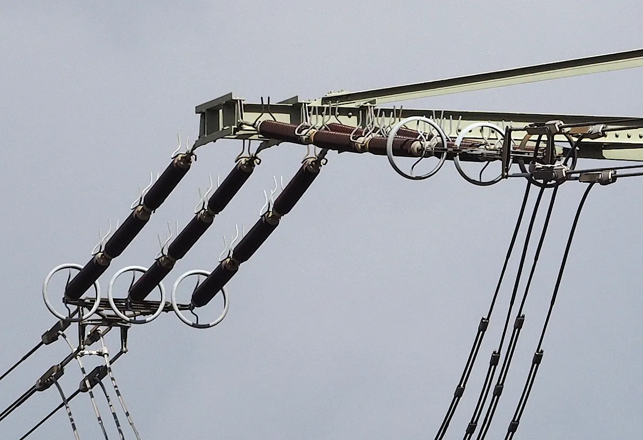 Metal corona rings at the ends of insulator strings on a 380 kV power line in Germany