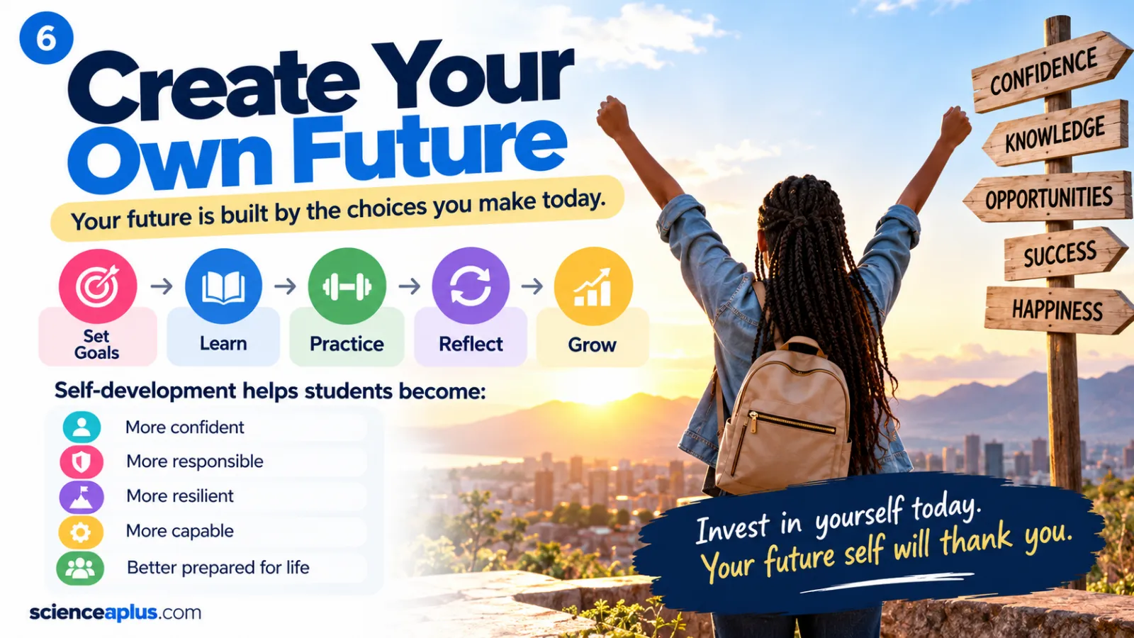 Infographic: create your own future by setting goals, learning, practising, reflecting and growing, shown with a student looking over a city at sunrise