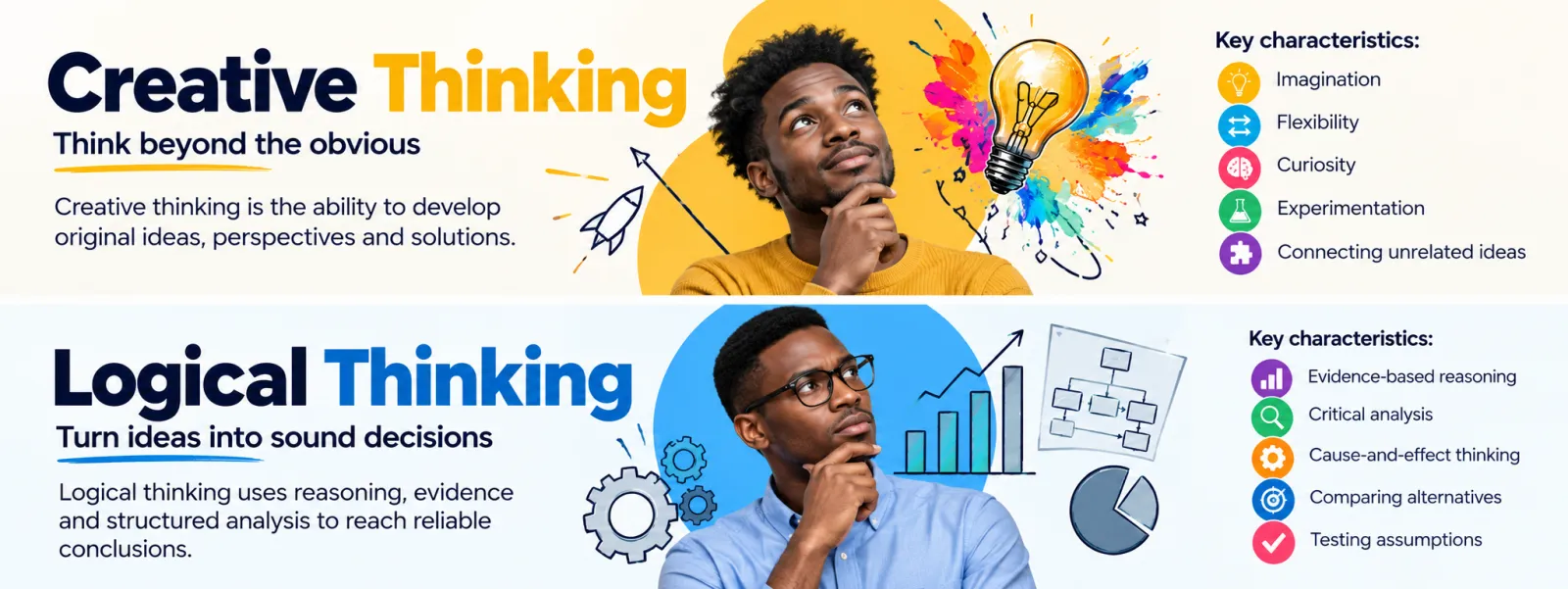 Key characteristics of creative thinking (imagination, flexibility, curiosity, experimentation, connecting unrelated ideas) and logical thinking (evidence-based reasoning, critical analysis, cause-and-effect thinking, comparing alternatives, testing assumptions)