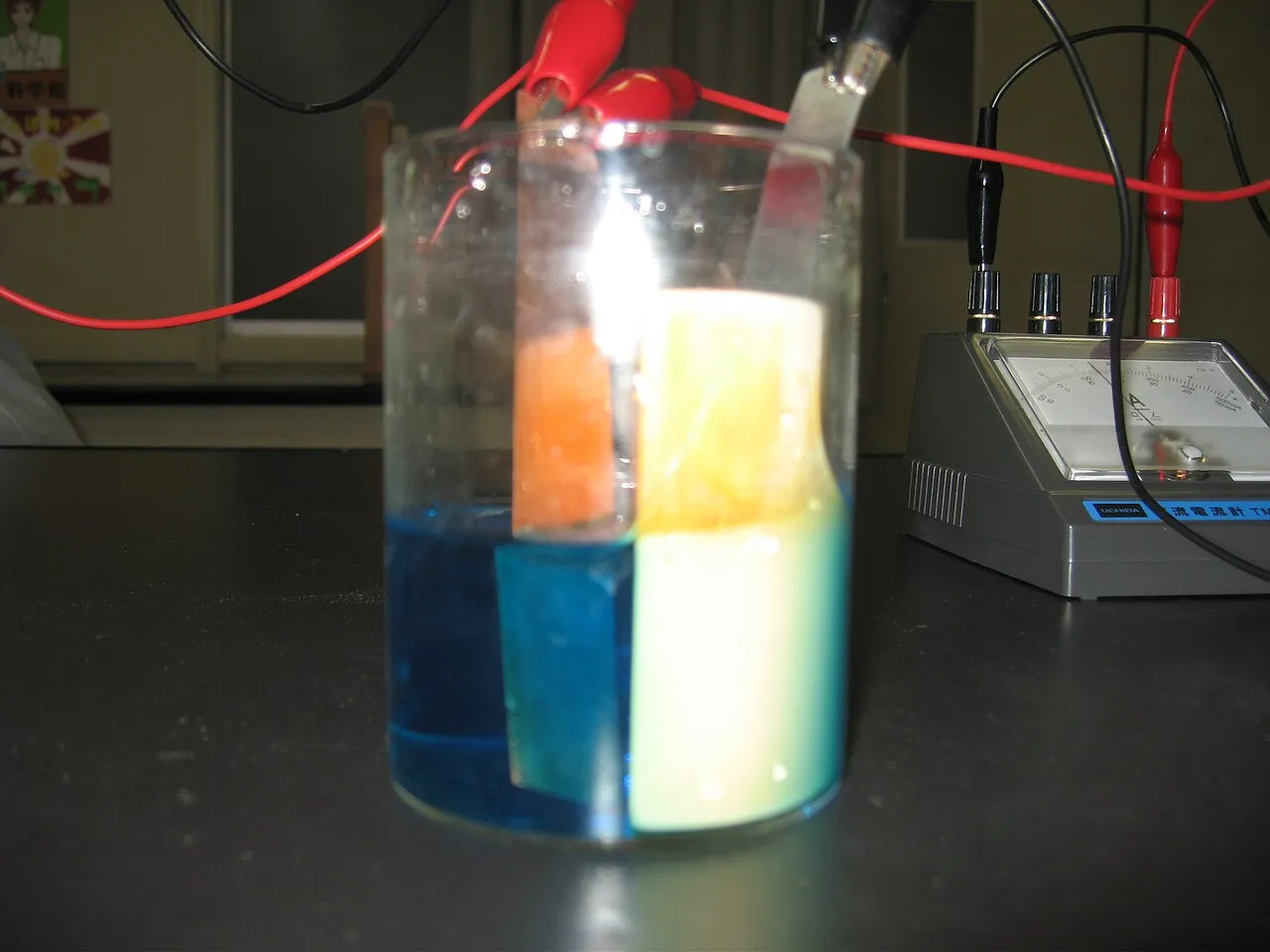 Daniell cell in one beaker: blue copper sulfate solution on one side of a white porous divider and colourless zinc sulfate on the other, with metal electrodes and clip leads