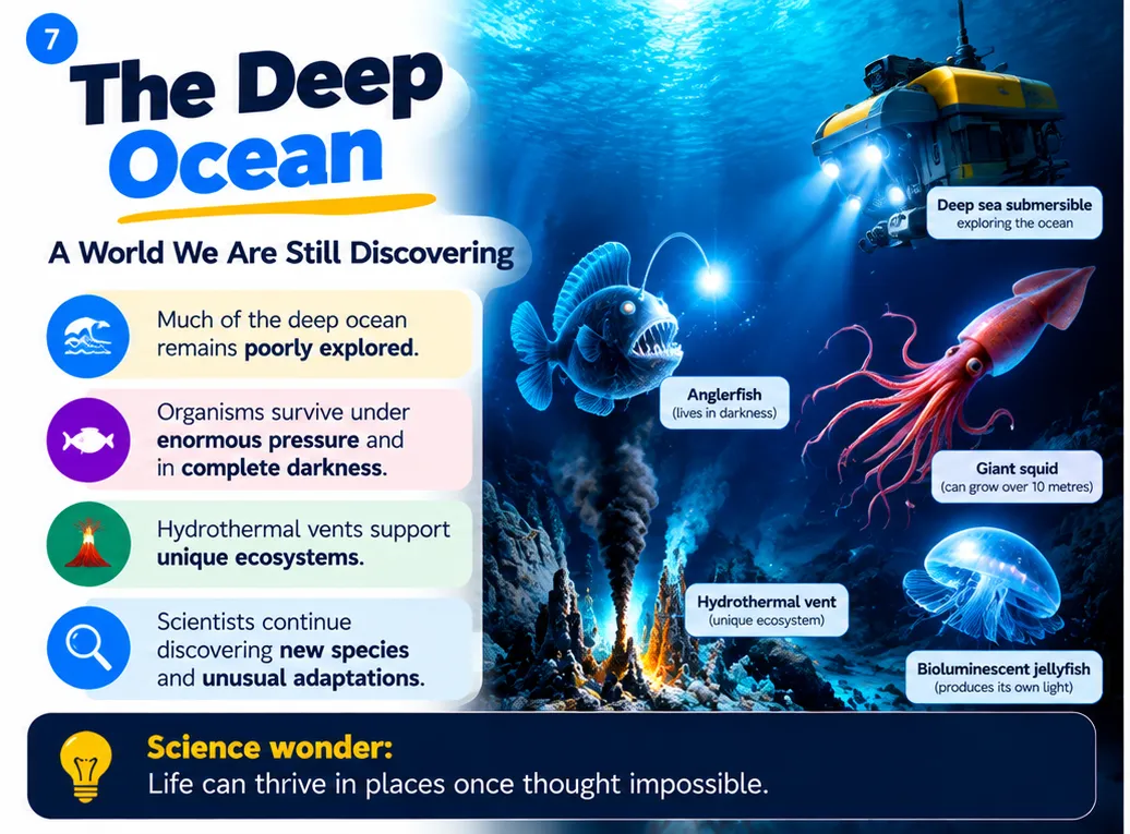 The deep ocean: much of it is poorly explored; organisms survive enormous pressure and darkness; hydrothermal vents support unique ecosystems; anglerfish, giant squid and bioluminescent jellyfish