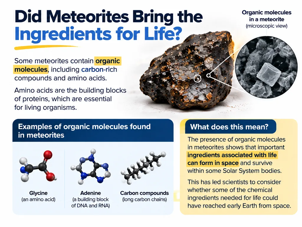 Did meteorites bring the ingredients for life: some meteorites contain organic molecules such as amino acids like glycine and nucleobases like adenine