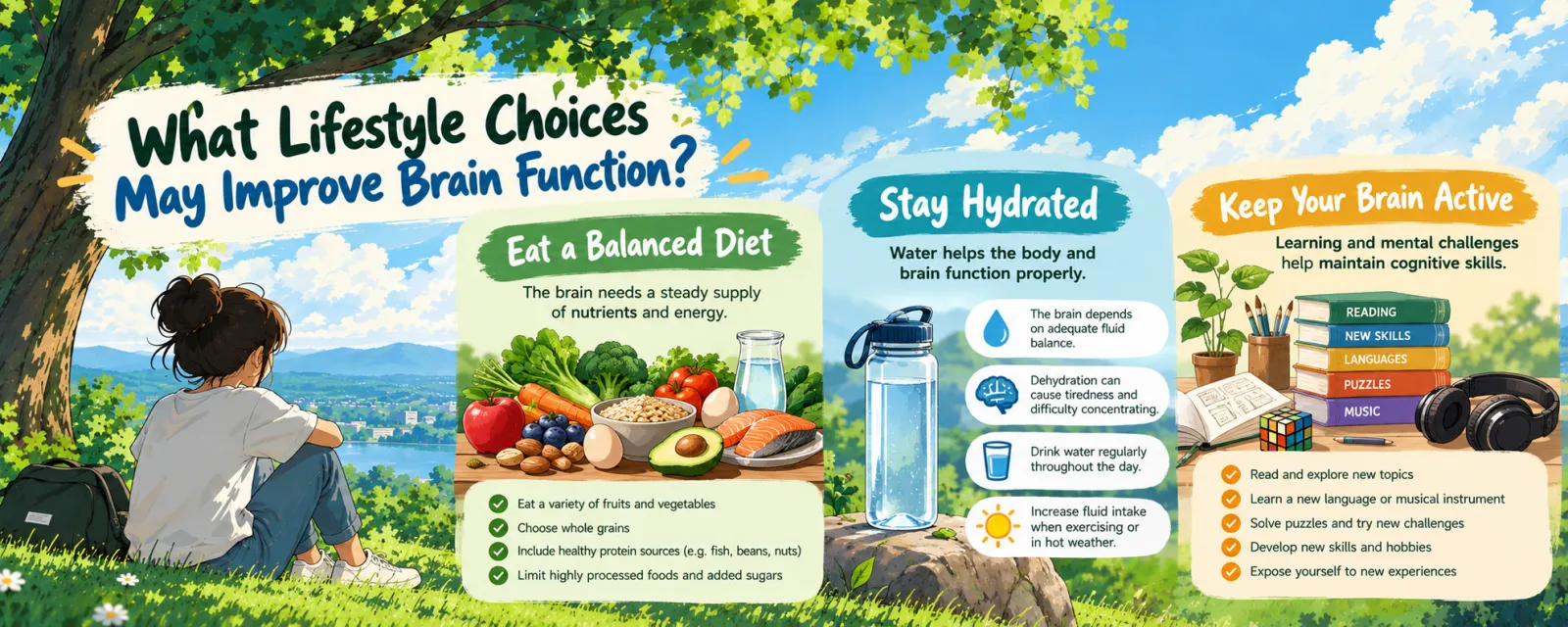 Eat a balanced diet with fruit, vegetables, whole grains and protein such as fish, beans and nuts; stay hydrated because dehydration can cause tiredness and poor concentration; keep your brain active with reading, new skills, languages, puzzles and music