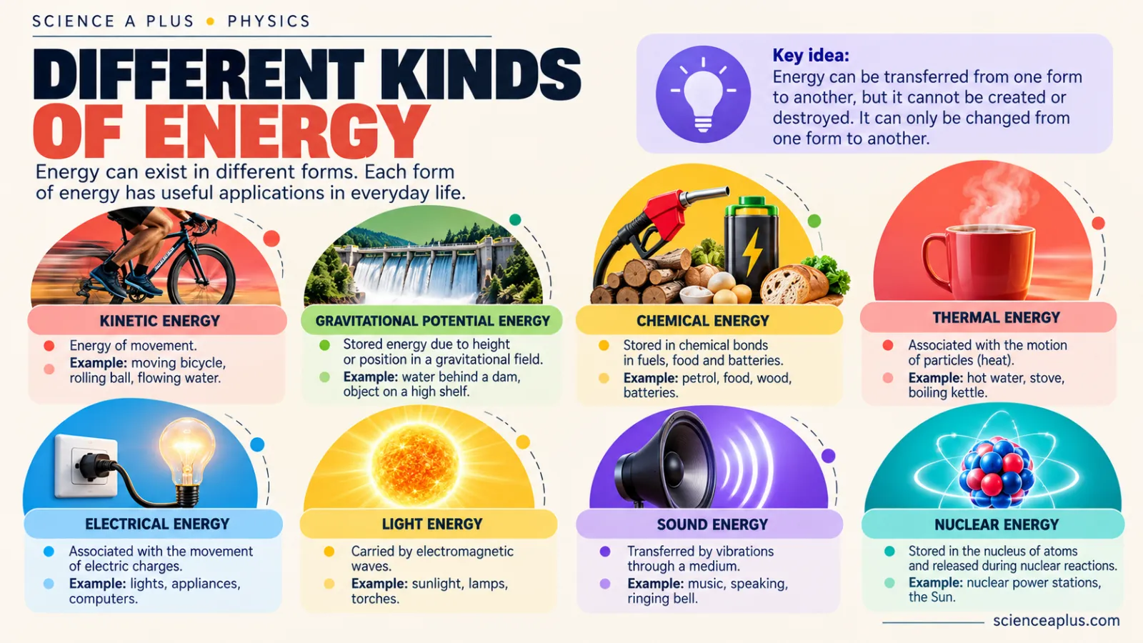 Infographic of eight kinds of energy with examples: kinetic, gravitational potential, chemical, thermal, electrical, light, sound and nuclear