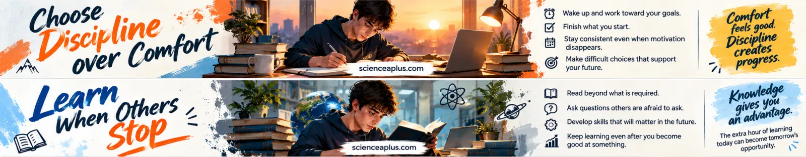 Two-panel banner: Choose discipline over comfort, with tips such as finish what you start, and Learn when others stop, with tips such as ask questions others are afraid to ask