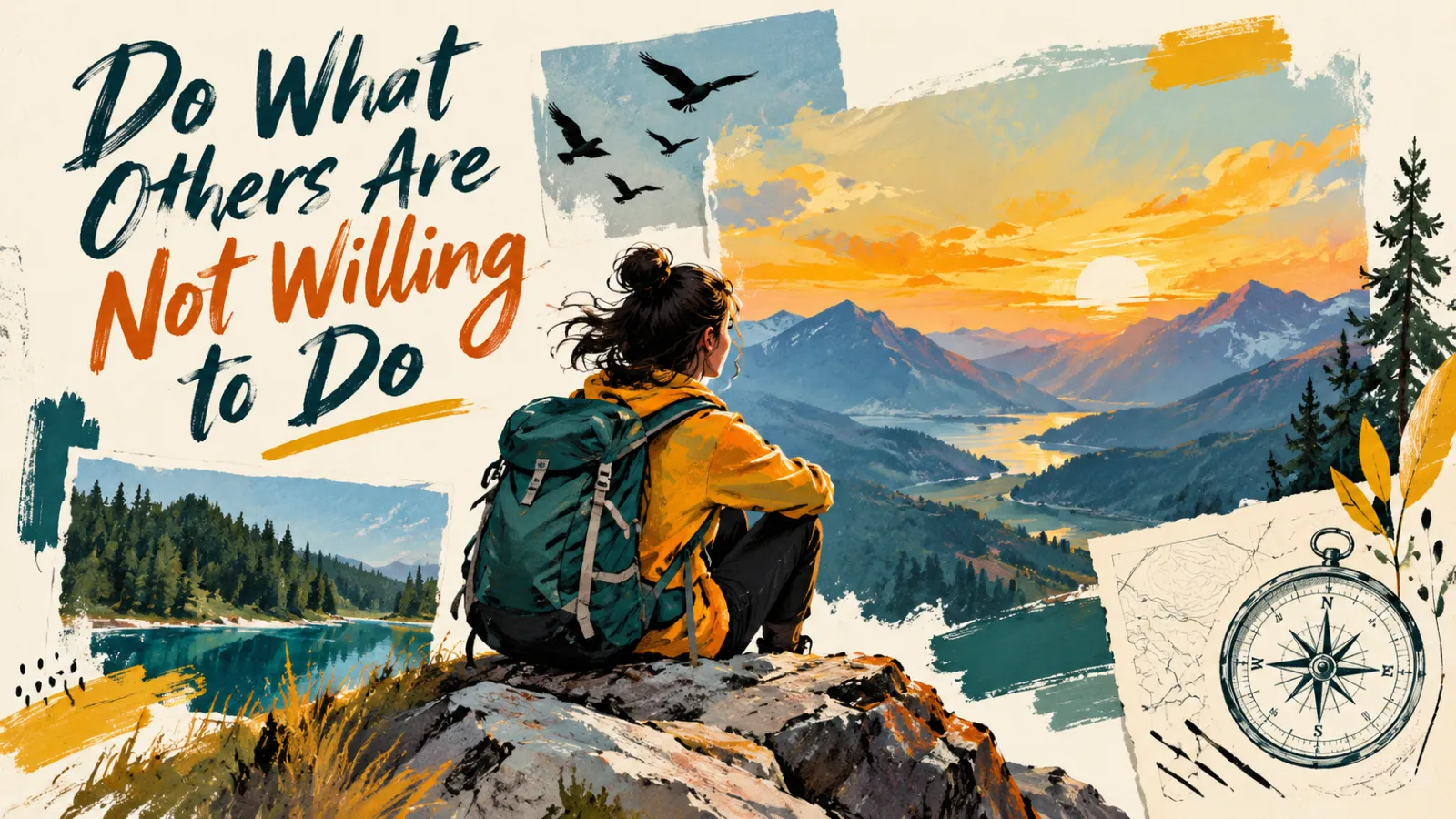 Illustration of a hiker with a backpack sitting on a rock looking at a mountain valley at sunrise, with the title Do What Others Are Not Willing to Do