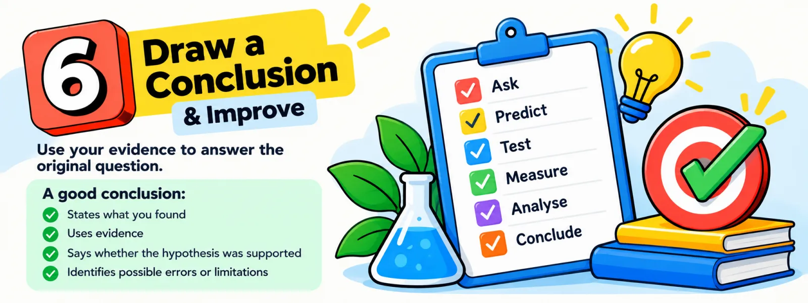 Step 6, draw a conclusion and improve: a good conclusion states what you found, uses evidence, says whether the hypothesis was supported and identifies possible errors or limitations