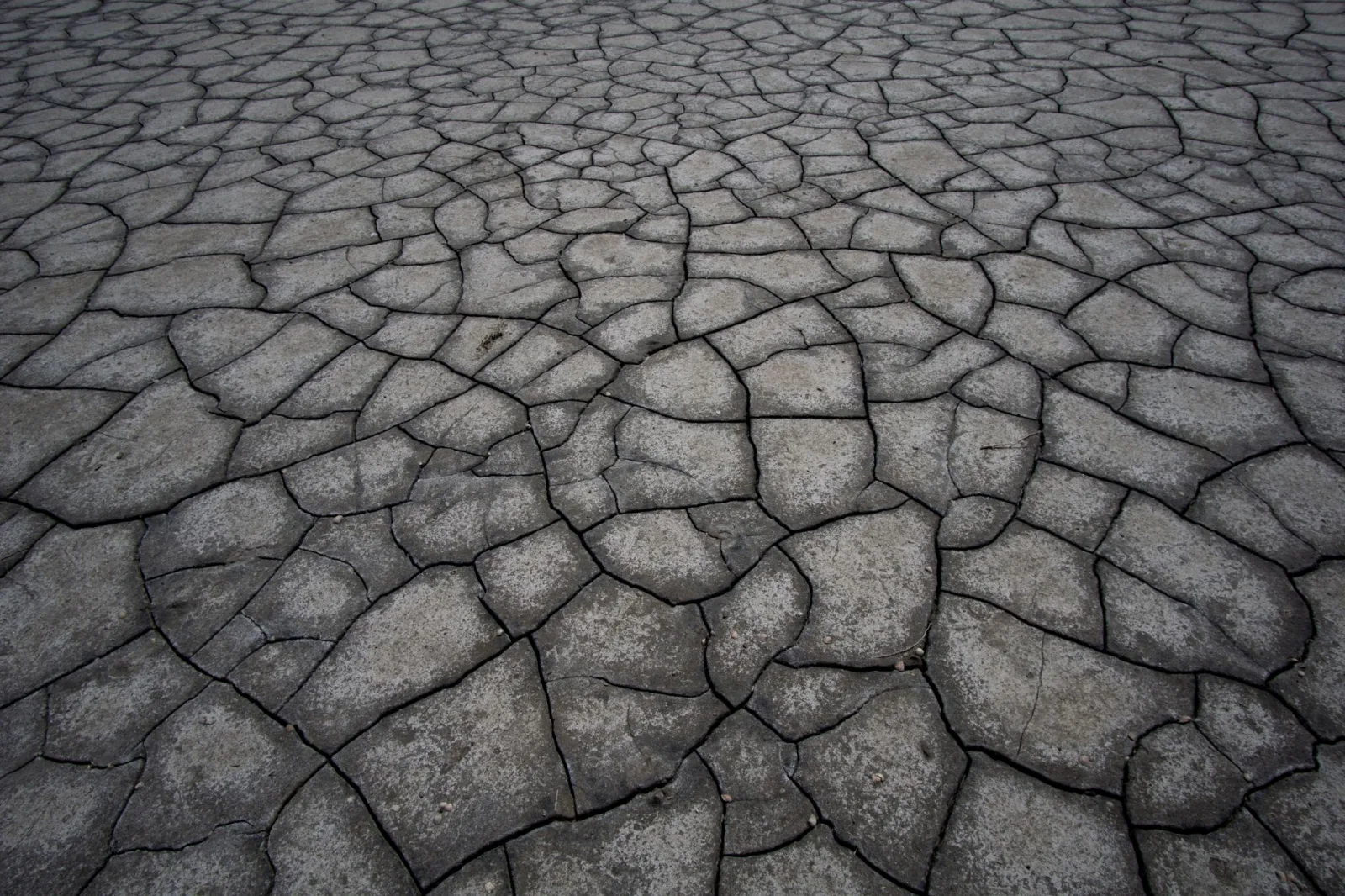 Aerial view of dry, deeply cracked ground during a drought