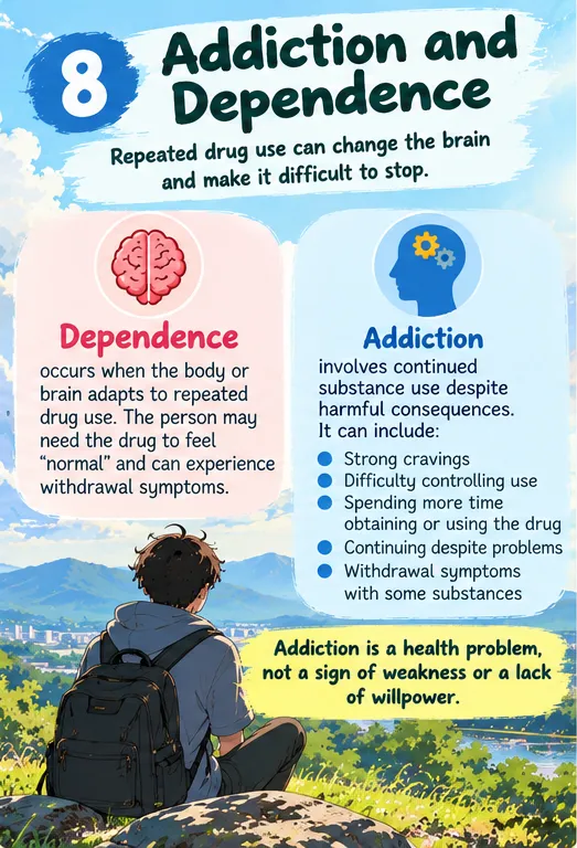 Addiction and dependence explained: dependence is when the body adapts and withdrawal occurs; addiction is continued use despite harm; addiction is a health problem, not a weakness