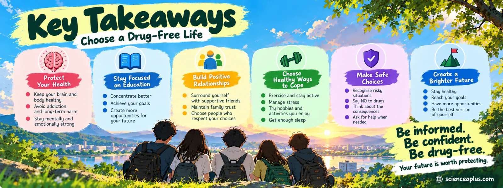 Key takeaways, choose a drug-free life: protect your health, stay focused on education, build positive relationships, choose healthy ways to cope, make safe choices and create a brighter future