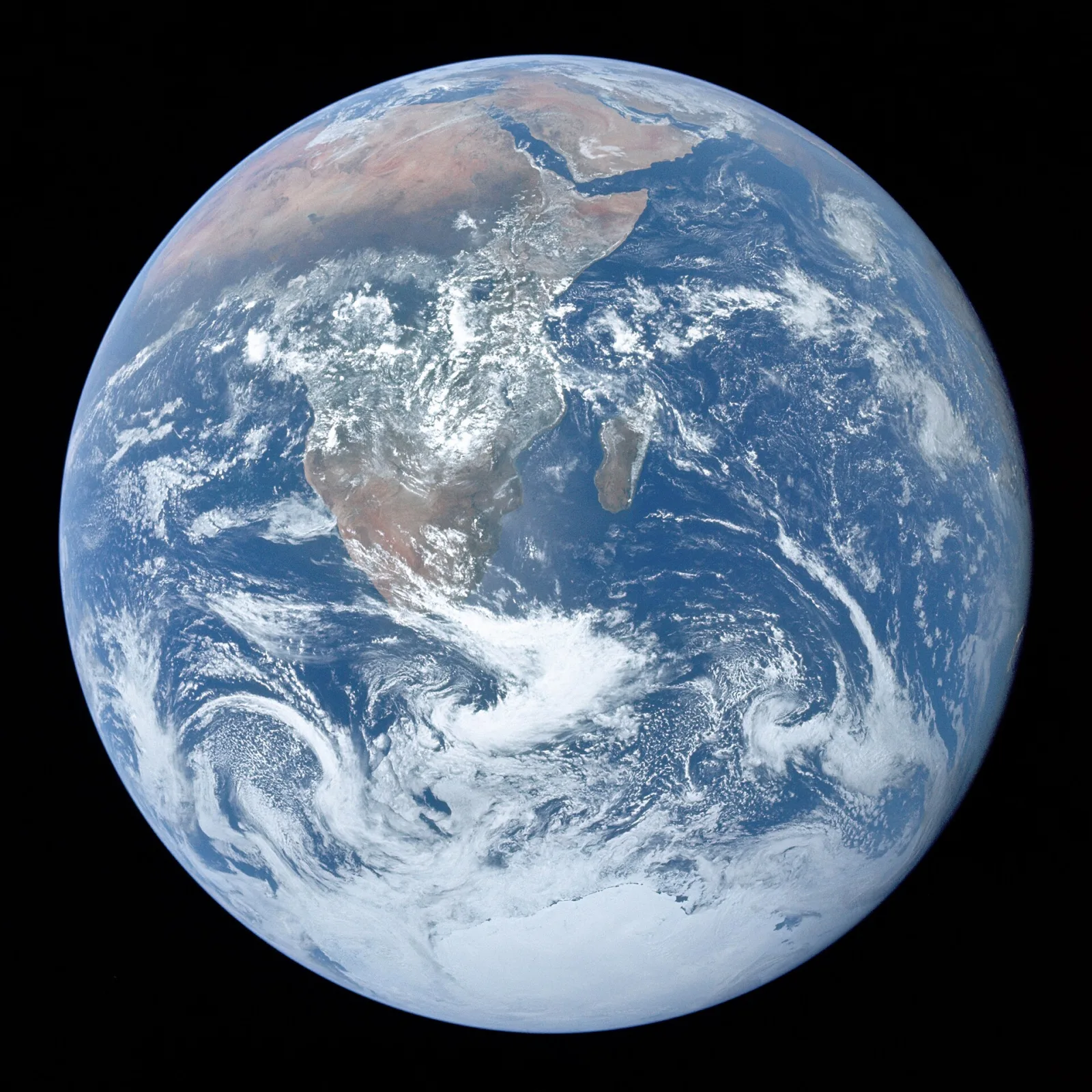 The whole Earth seen from space showing Africa, blue oceans and white clouds (the Blue Marble)