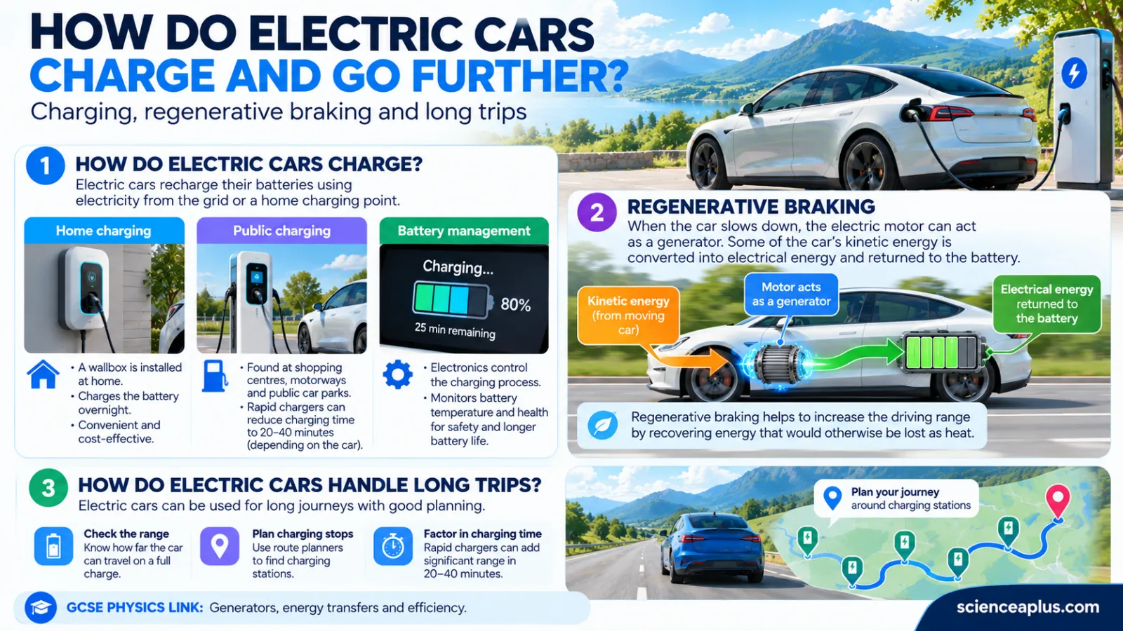 Infographic: how electric cars charge and go further — home charging, public charging and battery management, regenerative braking turning kinetic energy back into electrical energy, and planning long trips around charging stops