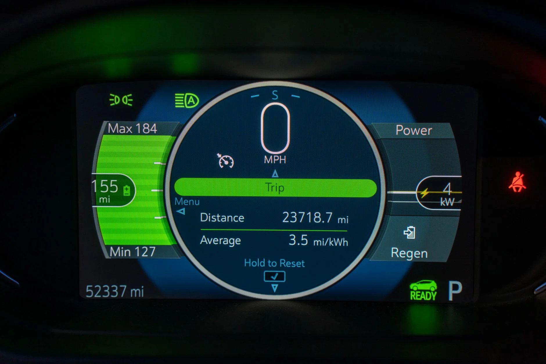 Electric car instrument display showing 155 miles of range, a trip average of 3.5 miles per kWh, a power gauge and a Regen indicator