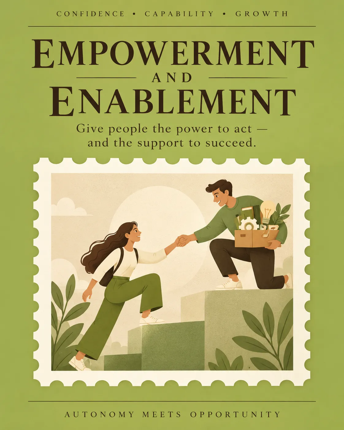Illustration of a young man kneeling on a higher step, holding a box of tools and helping a young woman climb up the steps by herself, titled Empowerment and Enablement