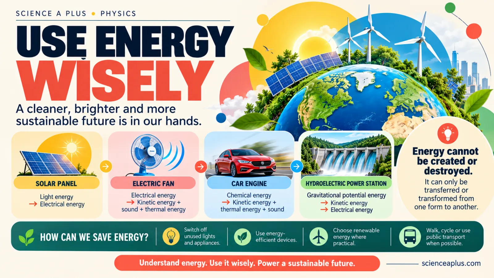 Infographic showing energy transfers in a solar panel, electric fan, car engine and hydroelectric power station, with tips for saving energy