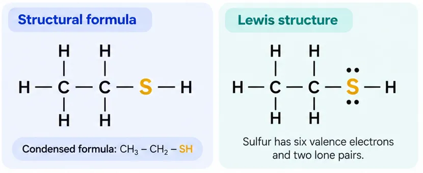 Structural formula and Lewis structure of ethanethiol, CH3CH2SH, showing two lone pairs on sulfur
