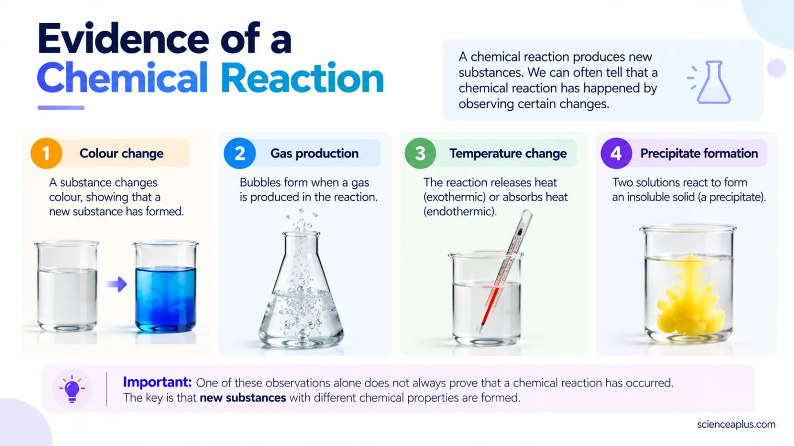 Four signs of a chemical reaction: colour change, gas bubbles, temperature change and a precipitate