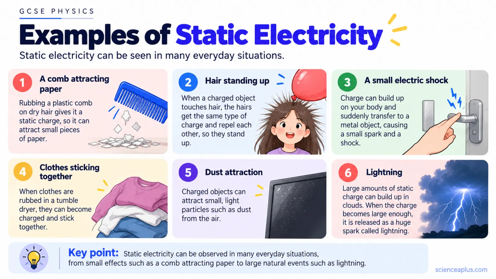 Infographic of six everyday examples of static electricity: comb attracting paper, hair standing up, a small shock from a door handle, clothes sticking together, dust on a screen and lightning